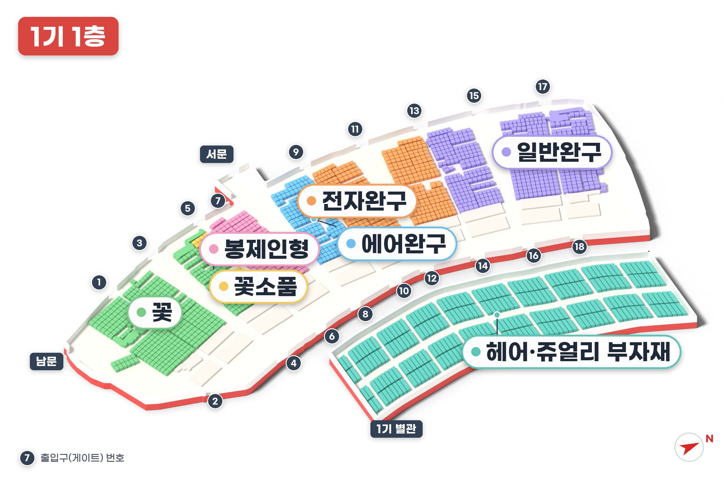 이우시장 1기 1층 지도 - 일반완구, 전자완구, 에어완구, 봉제인형, 꽃, 꽃소품, 헤어·쥬얼리 부자재(별관) 판매 구역과 출입구 번호
