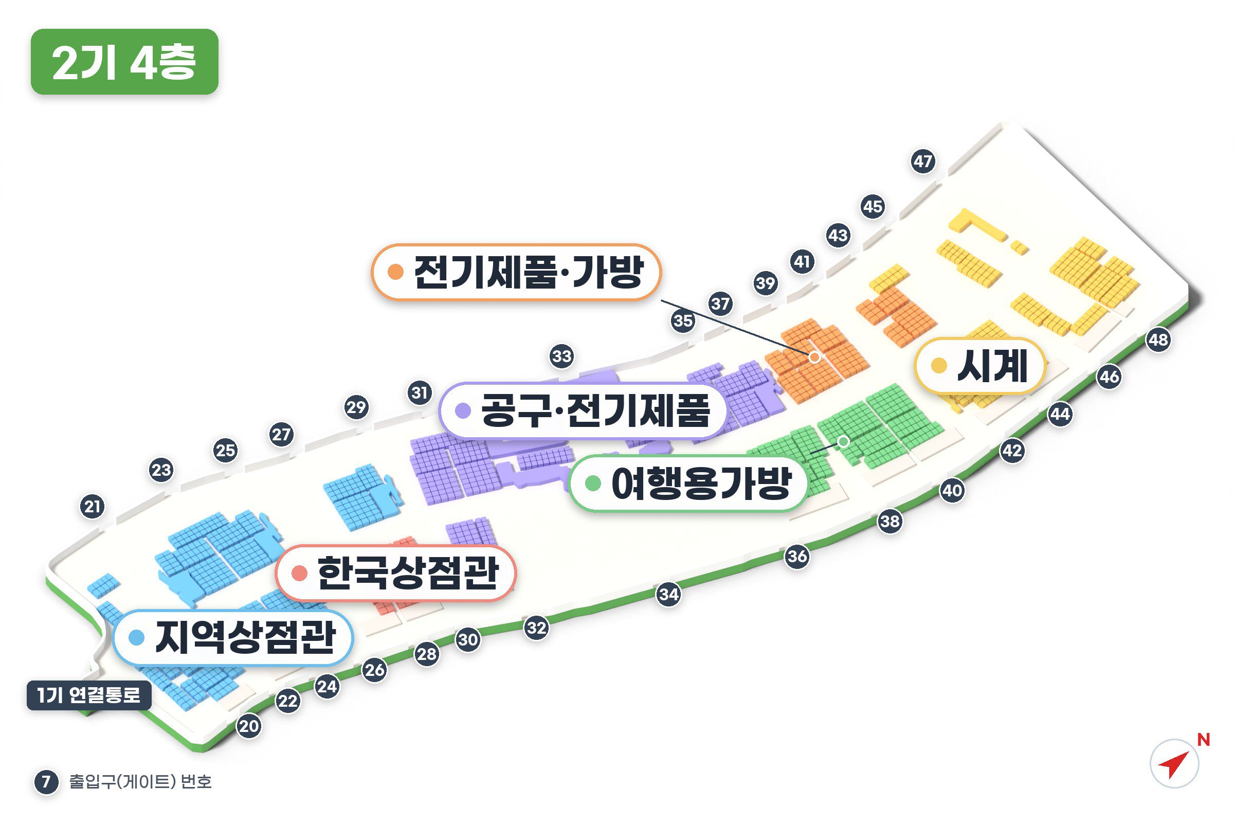 이우시장 2기 4층 지도 - 지역상점관(한국상점관 포함), 공구·전기제품, 전기제품·가방, 여행용가방, 시계 판매 구역과 출입구 번호