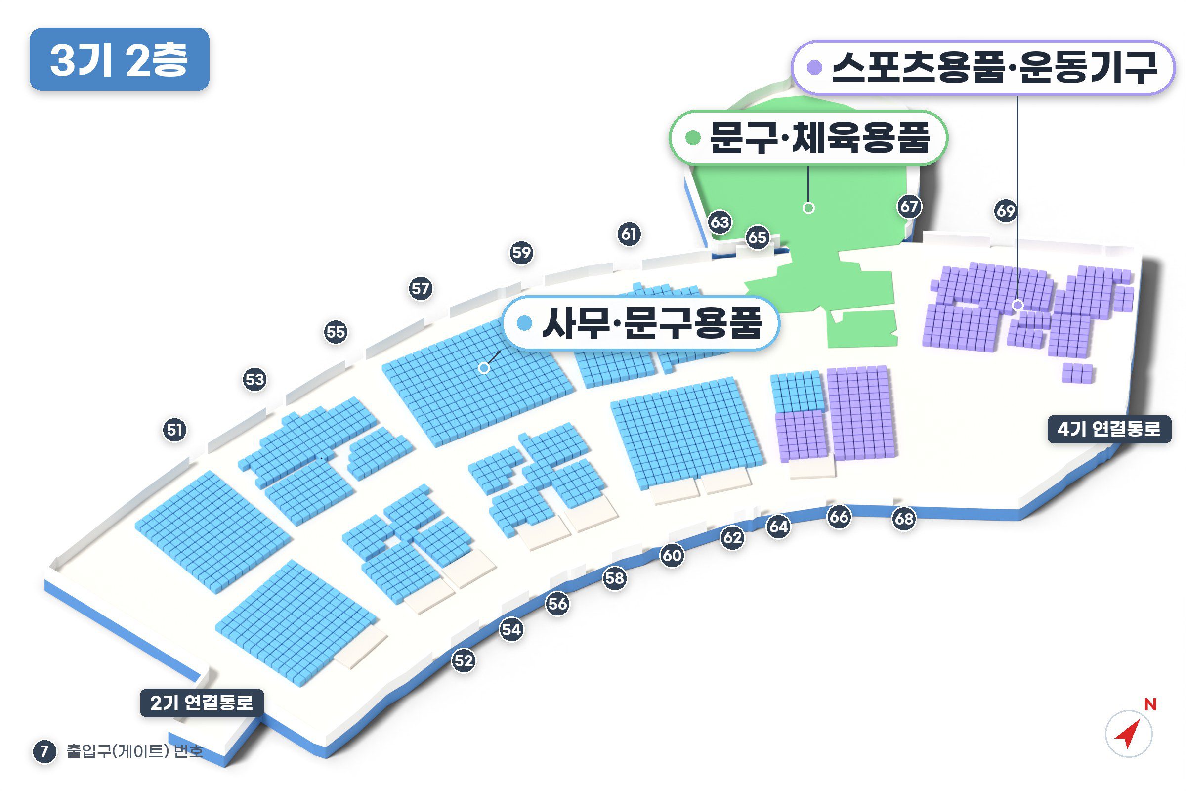이우시장 3기 2층 지도 - 사무·문구용품, 문구·체육용품, 스포츠용품·운동기구 판매 구역과 출입구 번호
