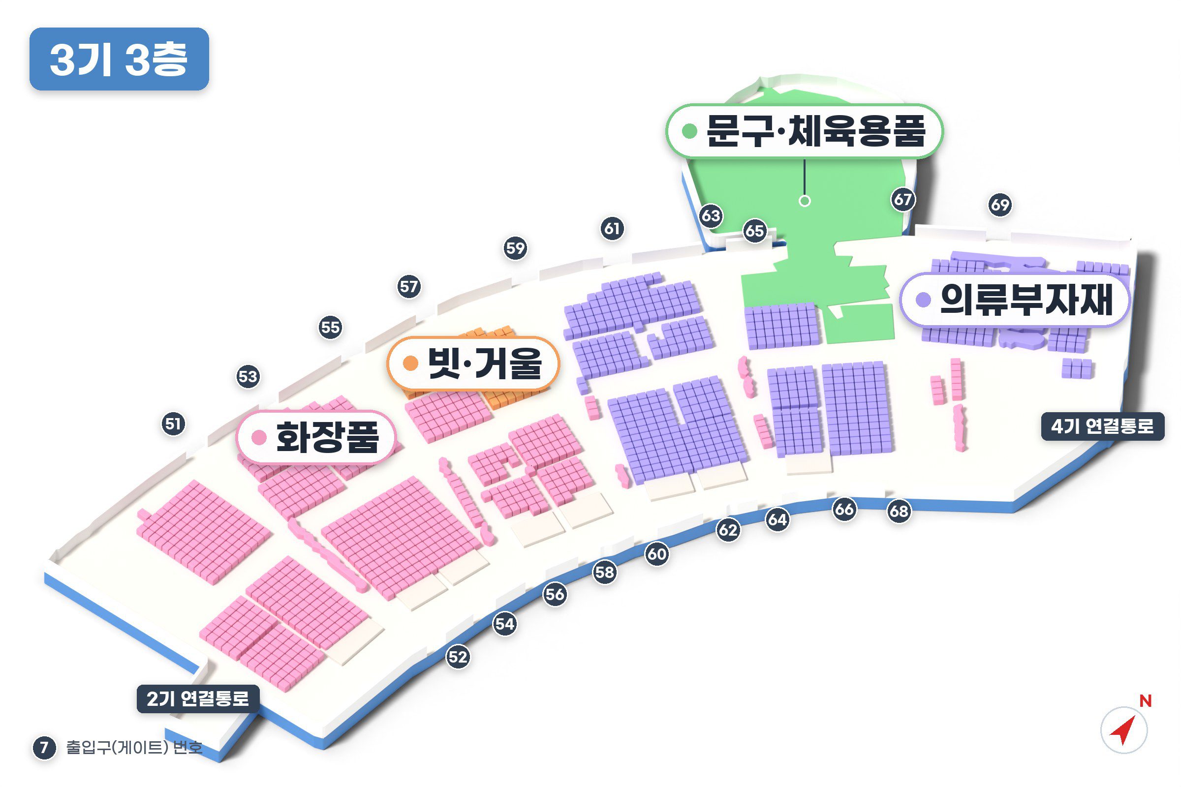 이우시장 3기 3층 지도 - 화장품, 문구·체육용품, 빗·거울, 의류부자재 판매 구역과 출입구 번호