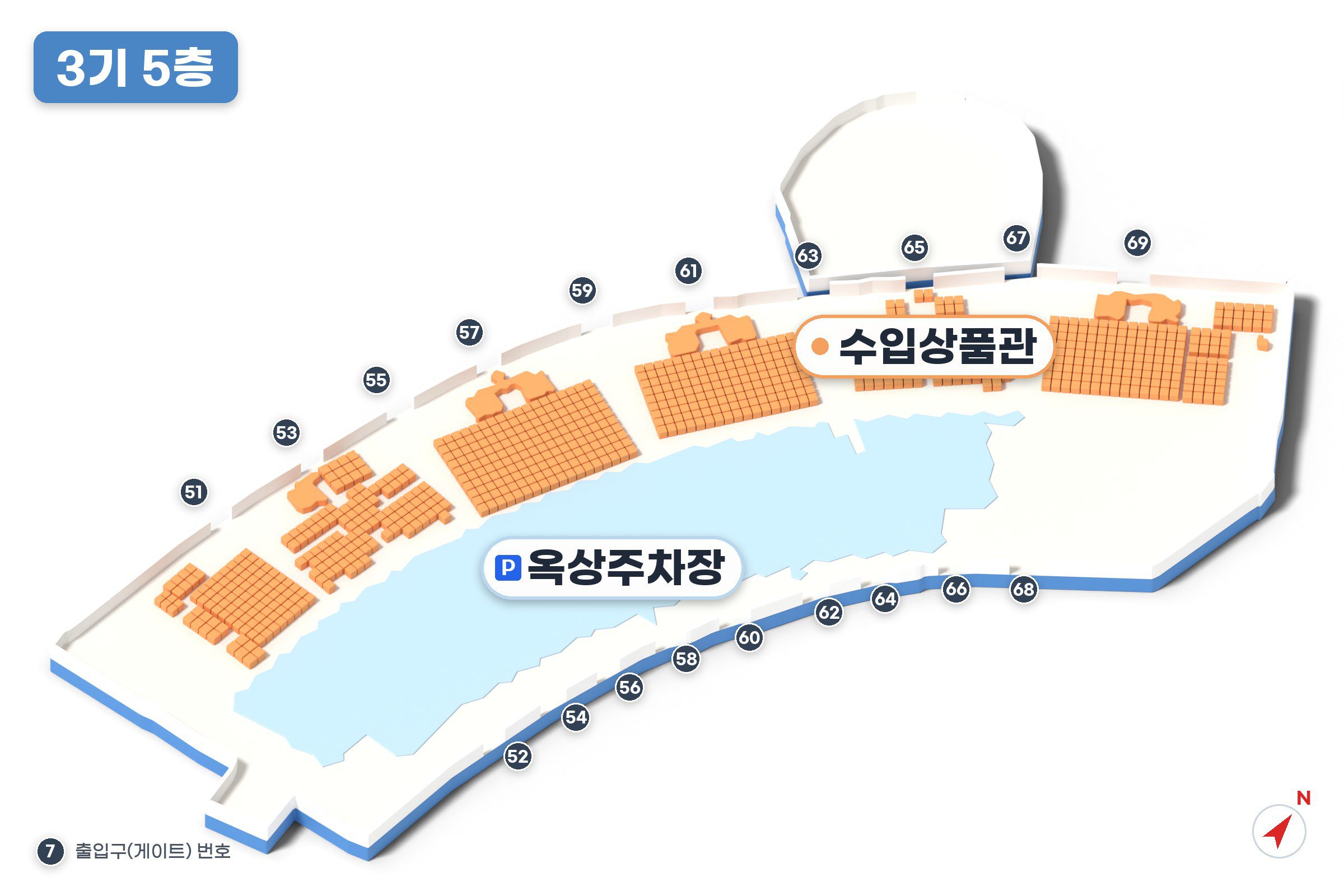이우시장 3기 5층 지도 - 수입상품관 판매 구역과 출입구 번호