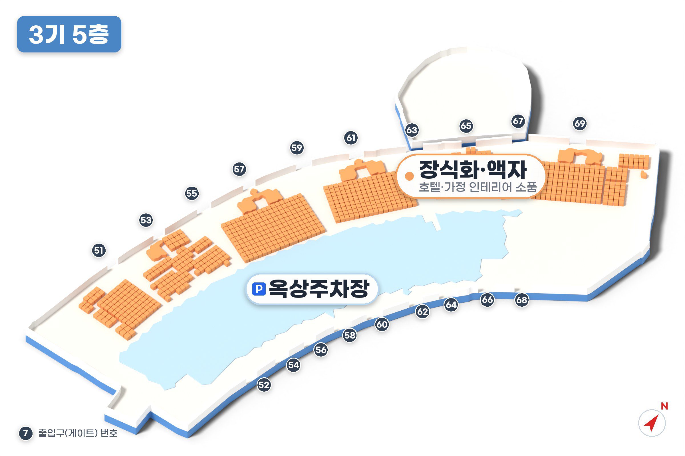 이우시장 3기 5층 지도 - 장식화·액자, 거울, 호텔·가정 인테리어 소품 판매 구역과 출입구 번호